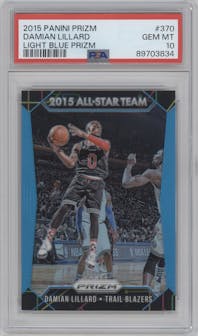 Damian Lillard from the 2015-16 Panini Prizm  set featuring a Light Blue Prizm parallel graded by PSA and given an overall grade of 10.