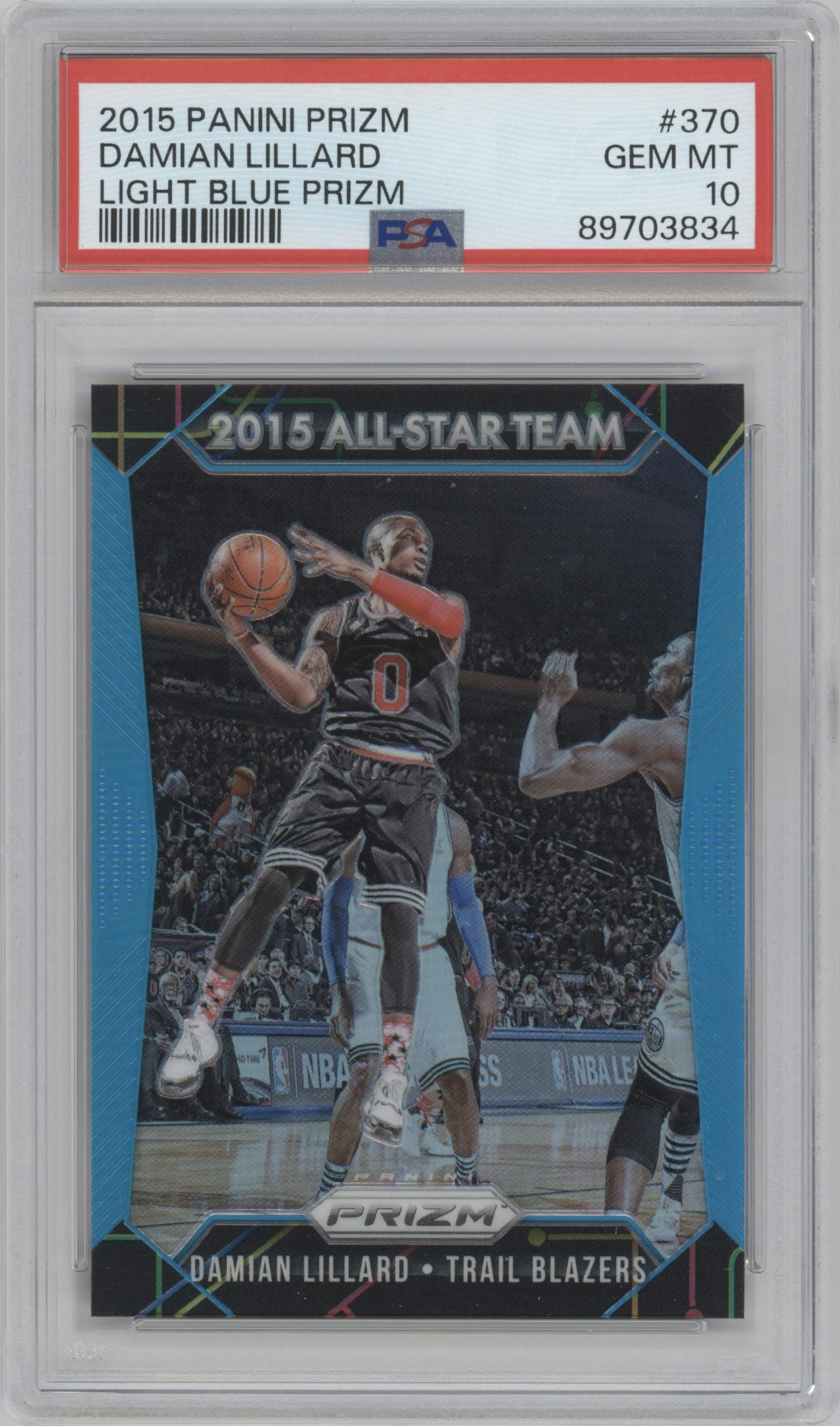 Damian Lillard from the 2015-16 Panini Prizm  set featuring a Light Blue Prizm parallel graded by PSA and given an overall grade of 10.