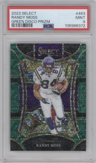 Randy Moss from the 2023 Panini Select set featuring a Disco Green parallel graded by PSA and given an overall grade of 9.
