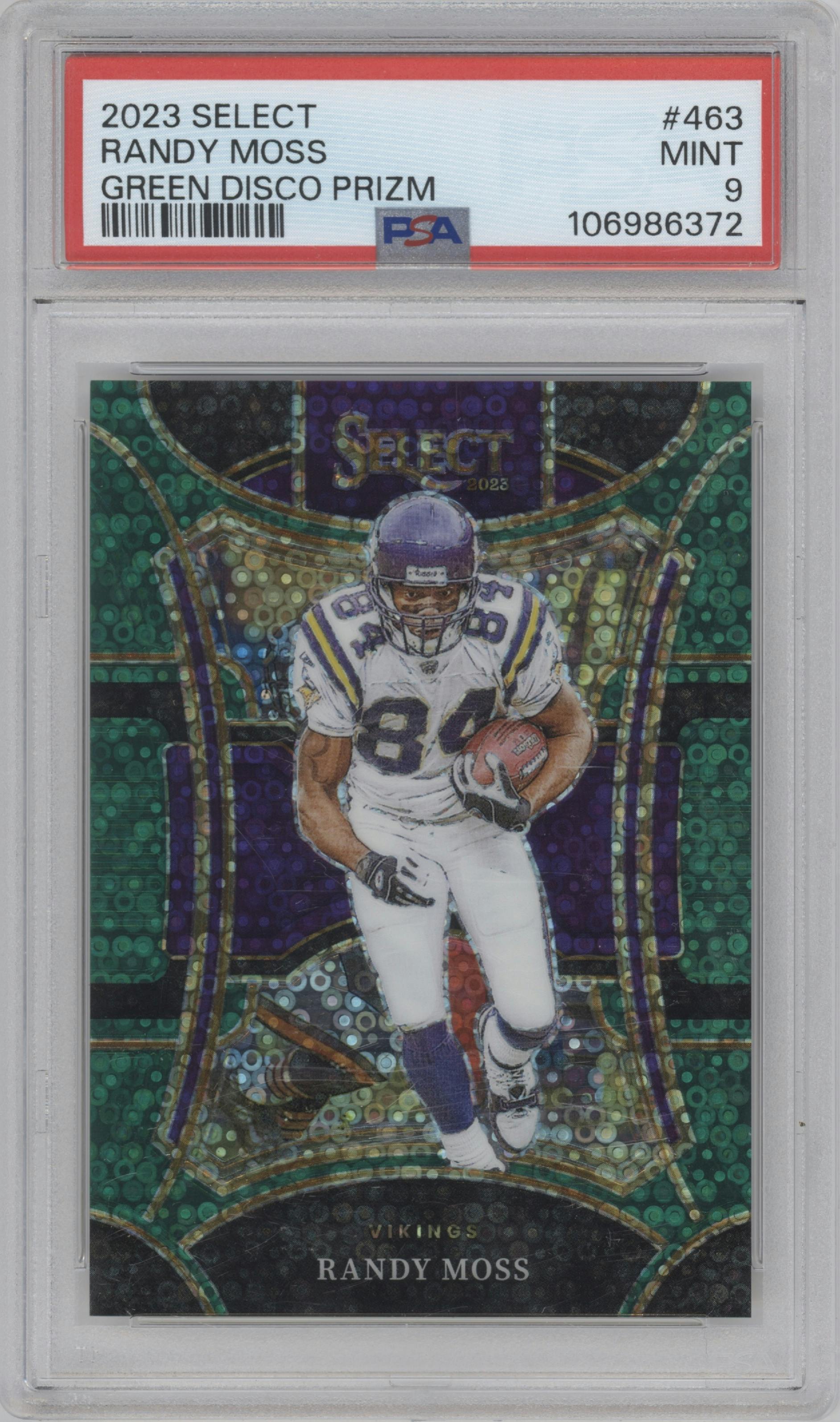 Randy Moss from the 2023 Panini Select set featuring a Disco Green parallel graded by PSA and given an overall grade of 9.
