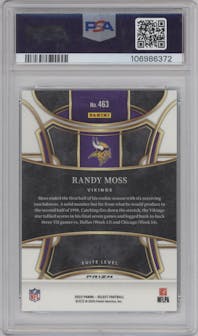 Randy Moss from the 2023 Panini Select set featuring a Disco Green parallel graded by PSA and given an overall grade of 9.
