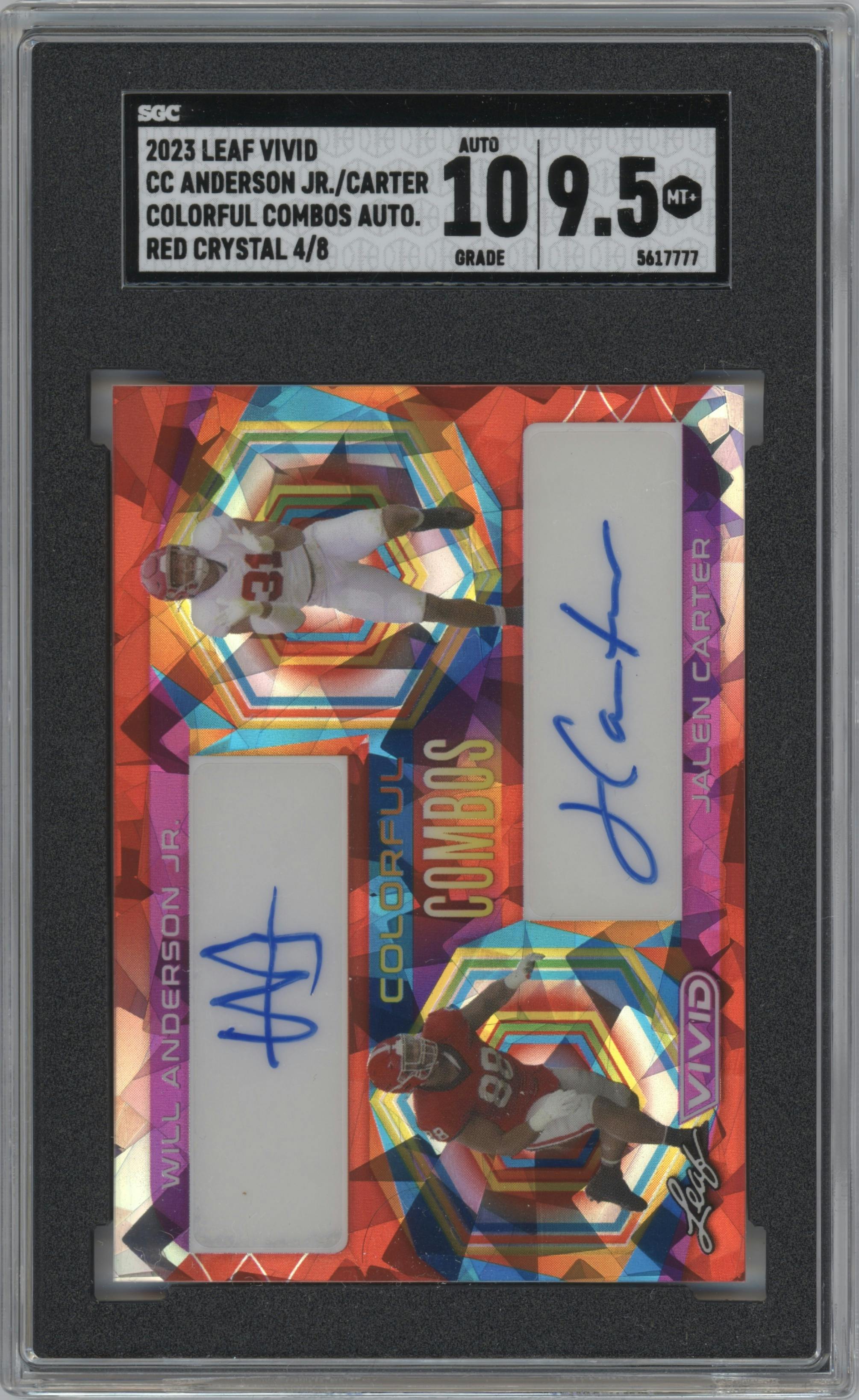 Will Anderson Jr./Jalen Carter from the 2023 Leaf Vivid set featuring a Red crystal parallel graded by SGC and given an overall grade of 9.5.