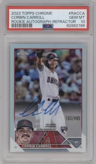 Corbin Carroll from the 2023 Topps Chrome set featuring a Refractor parallel graded by PSA and given an overall grade of 10.