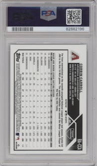 Corbin Carroll from the 2023 Topps Chrome set featuring a Refractor parallel graded by PSA and given an overall grade of 10.