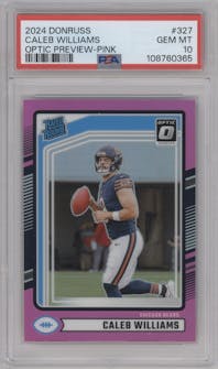 Caleb Williams from the 2024 Donruss set featuring a Pink parallel graded by PSA and given an overall grade of 10.