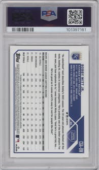 Bobby Witt Jr. from the 2023 Topps Gilded Collection set featuring a Rose Gold parallel graded by PSA and given an overall grade of 10.