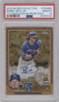 Bobby Witt Jr. from the 2023 Topps Gilded Collection set featuring a Rose Gold parallel graded by PSA and given an overall grade of 10.