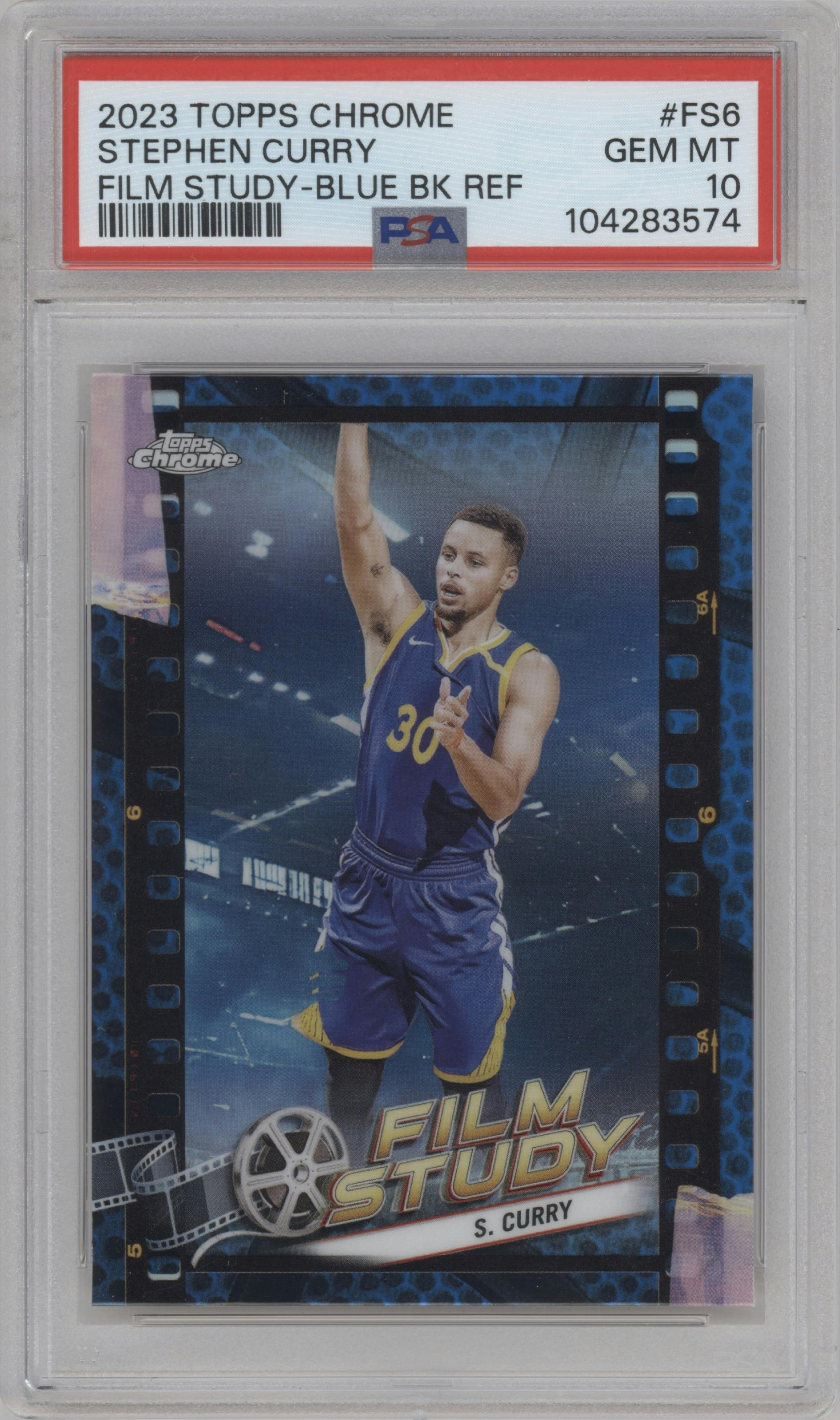 Stephen Curry from the 2023-24 Topps Chrome set featuring a Blue Basketball Refractor parallel graded by PSA and given an overall grade of 10.