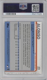 Pete Alonso from the 2019 Topps Series 2 set graded by PSA and given an overall grade of 10.
