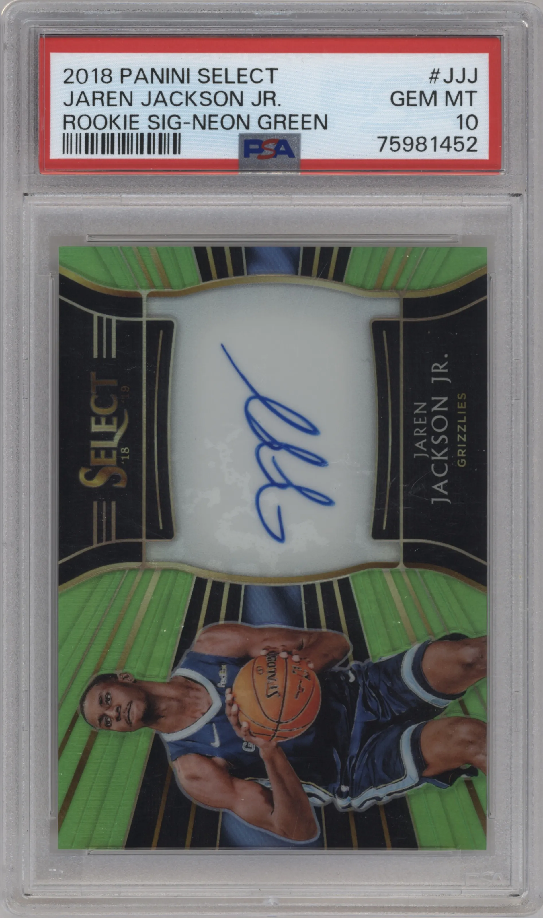 2018 Panini Select Rke.Sig. Jaren Jackson Jr. Neon Green Prizm #RS-JJJ PSA 10