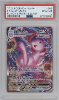 Mew VMAX from the 2021 Pokemon SWSH set graded by PSA and given an overall grade of 10.