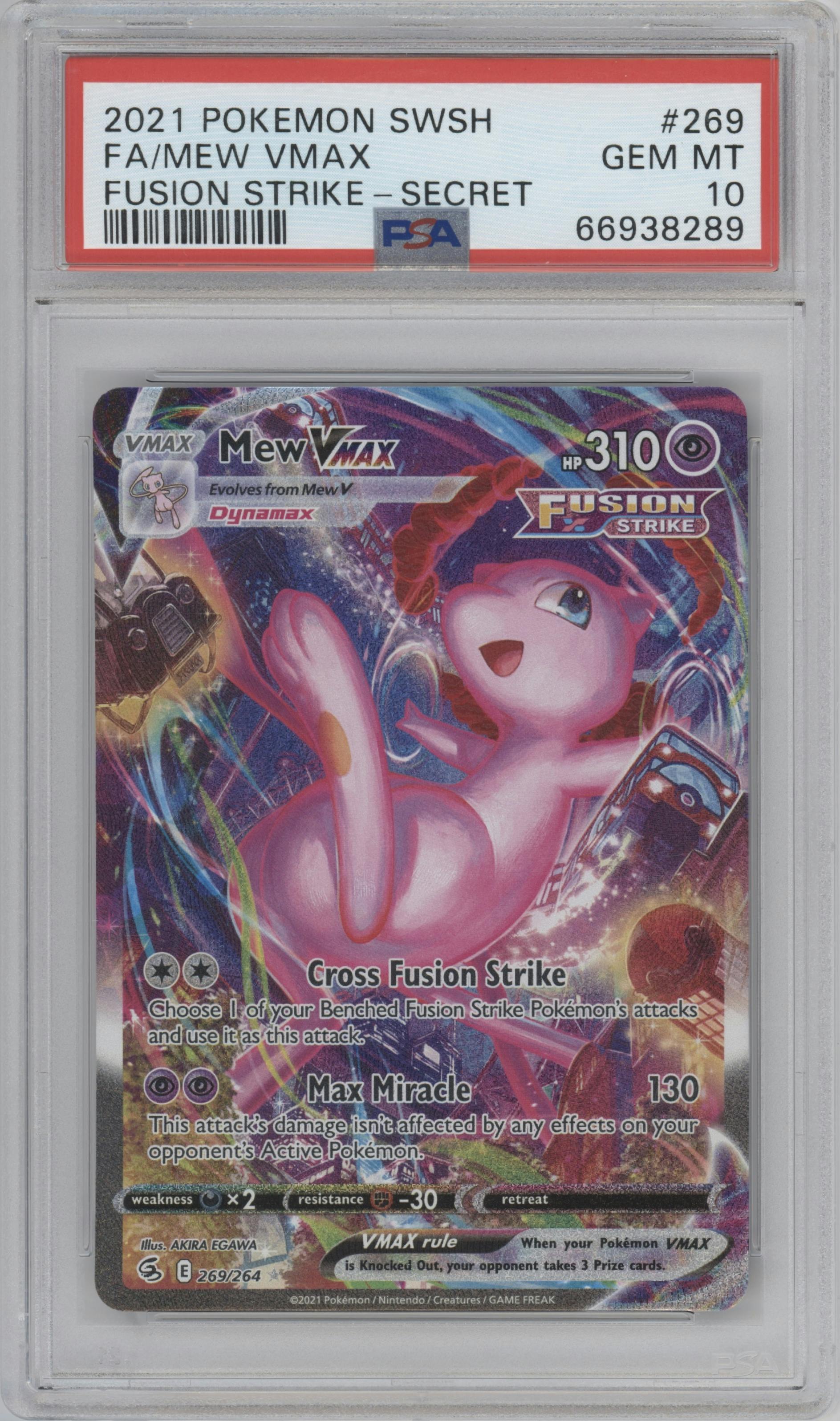 Mew VMAX from the 2021 Pokemon SWSH set graded by PSA and given an overall grade of 10.