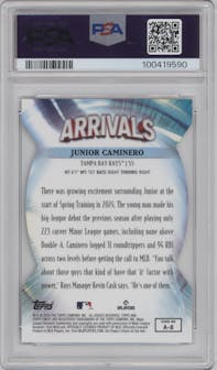 Junior Caminero from the 2024 Topps Finest set featuring a Die-Cut Blue Refractor parallel graded by PSA and given an overall grade of 10.