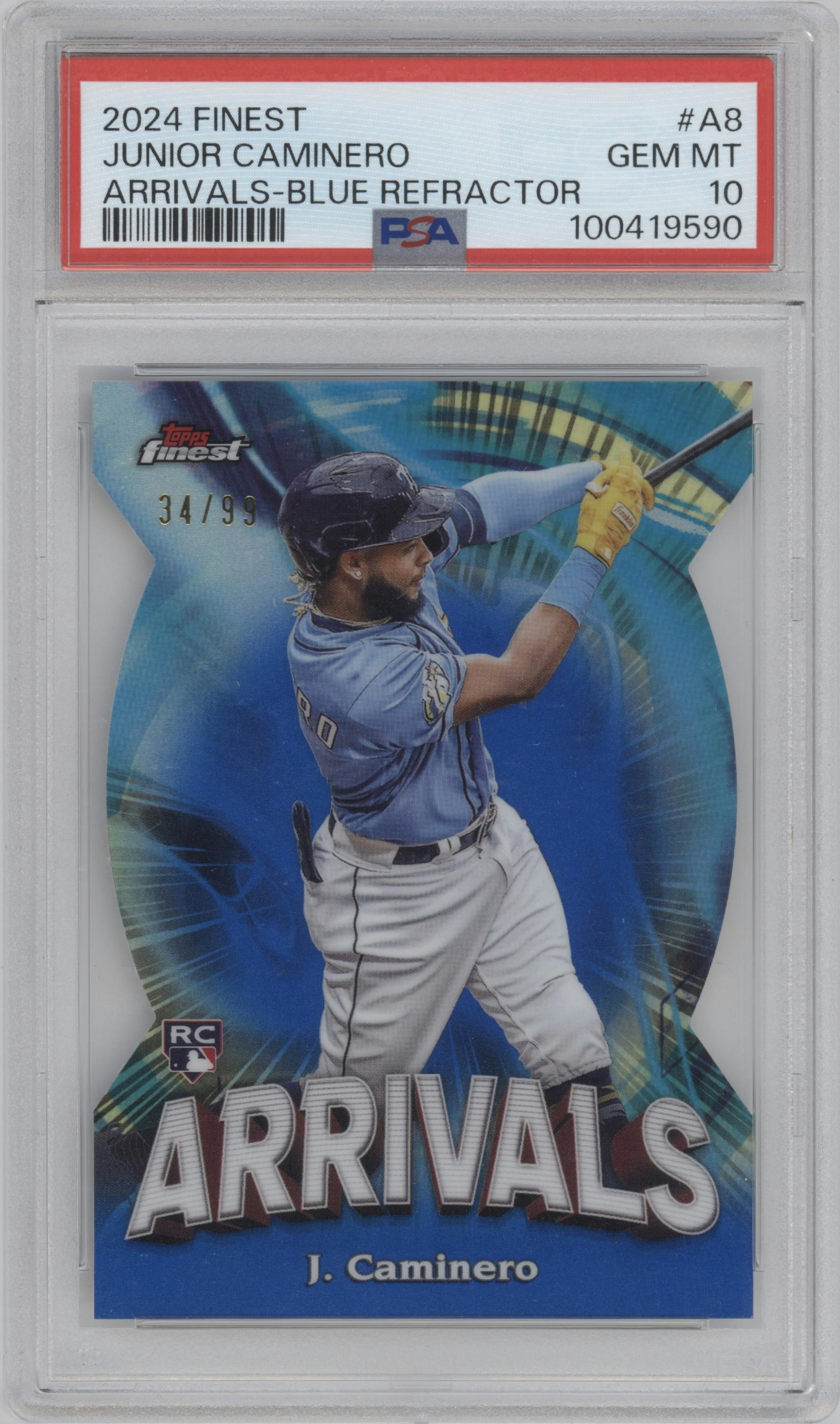 Junior Caminero from the 2024 Topps Finest set featuring a Die-Cut Blue Refractor parallel graded by PSA and given an overall grade of 10.