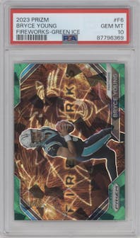 Bryce Young from the 2023 Panini Prizm set featuring a Green Ice parallel graded by PSA and given an overall grade of 10.