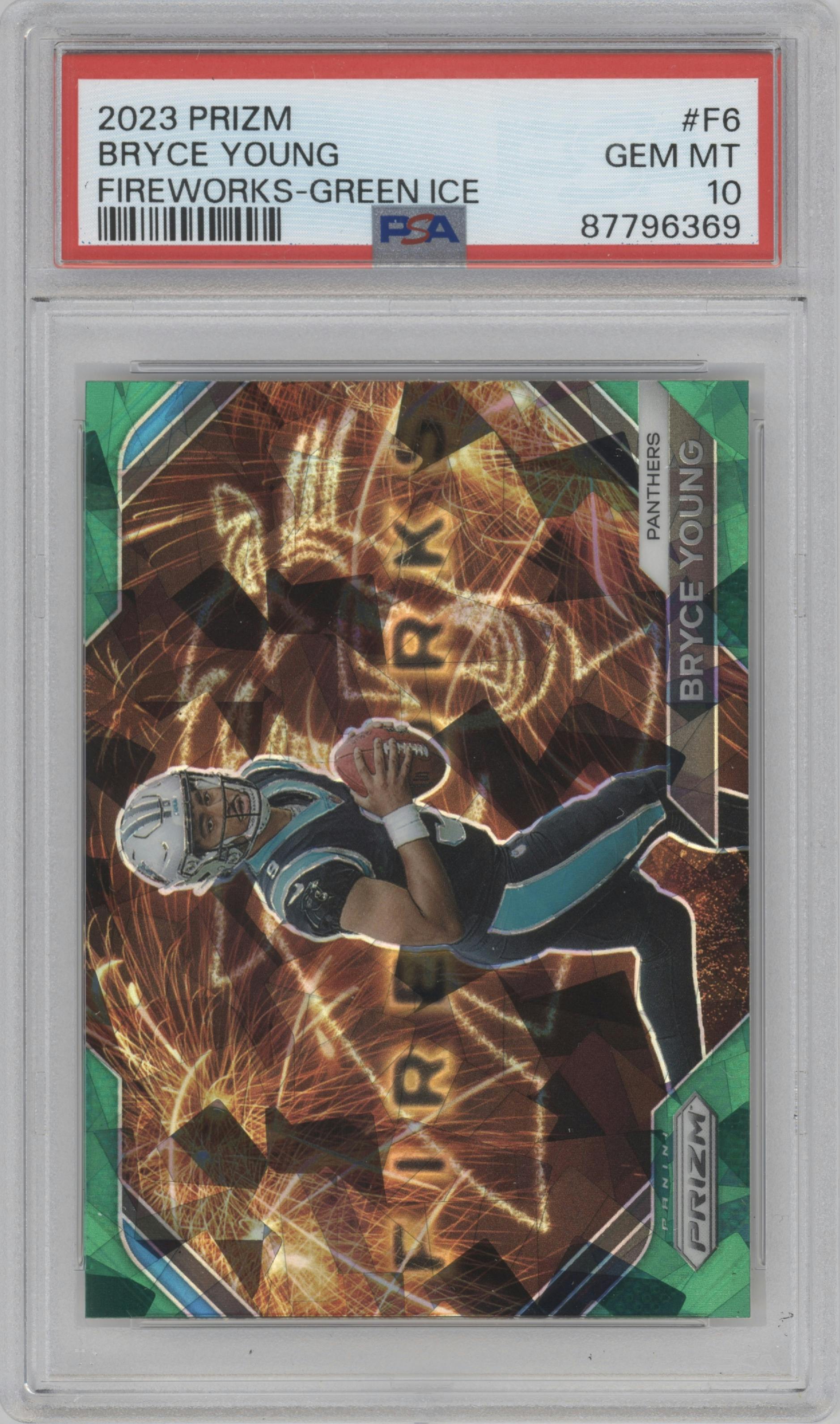 Bryce Young from the 2023 Panini Prizm set featuring a Green Ice parallel graded by PSA and given an overall grade of 10.