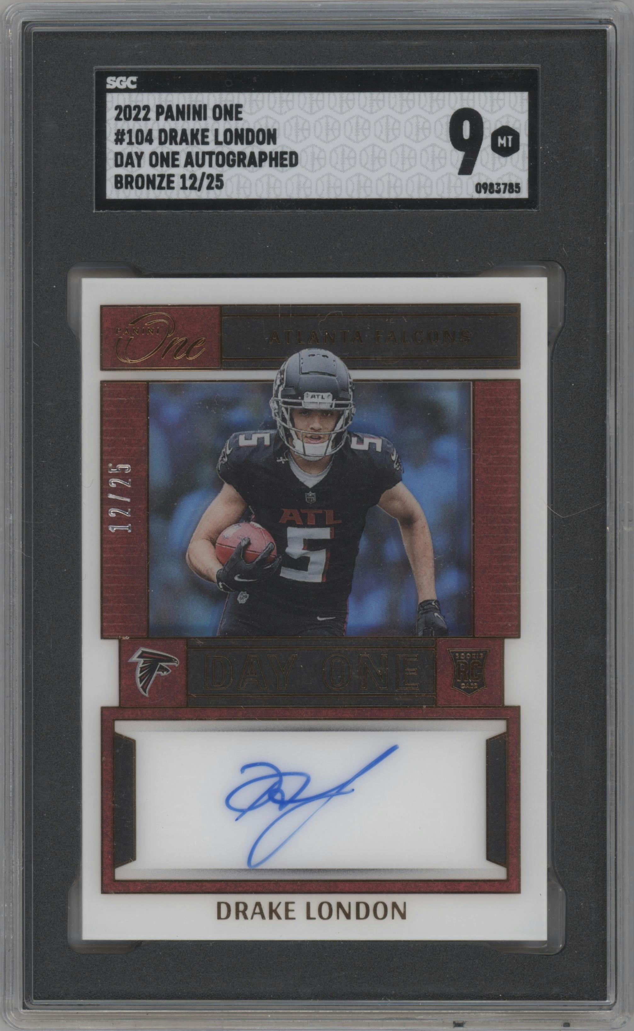 Drake London from the 2022 Panini One set featuring a Bronze parallel graded by SGC and given an overall grade of 9.