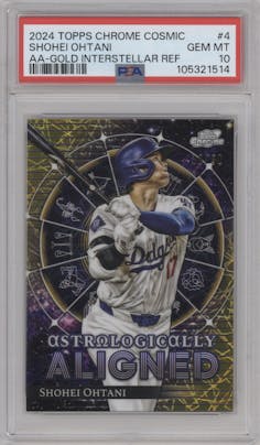 Shohei Ohtani from the 2024 Topps Cosmic Chrome set featuring a Gold Interstellar Ref. parallel graded by PSA and given an overall grade of 10.