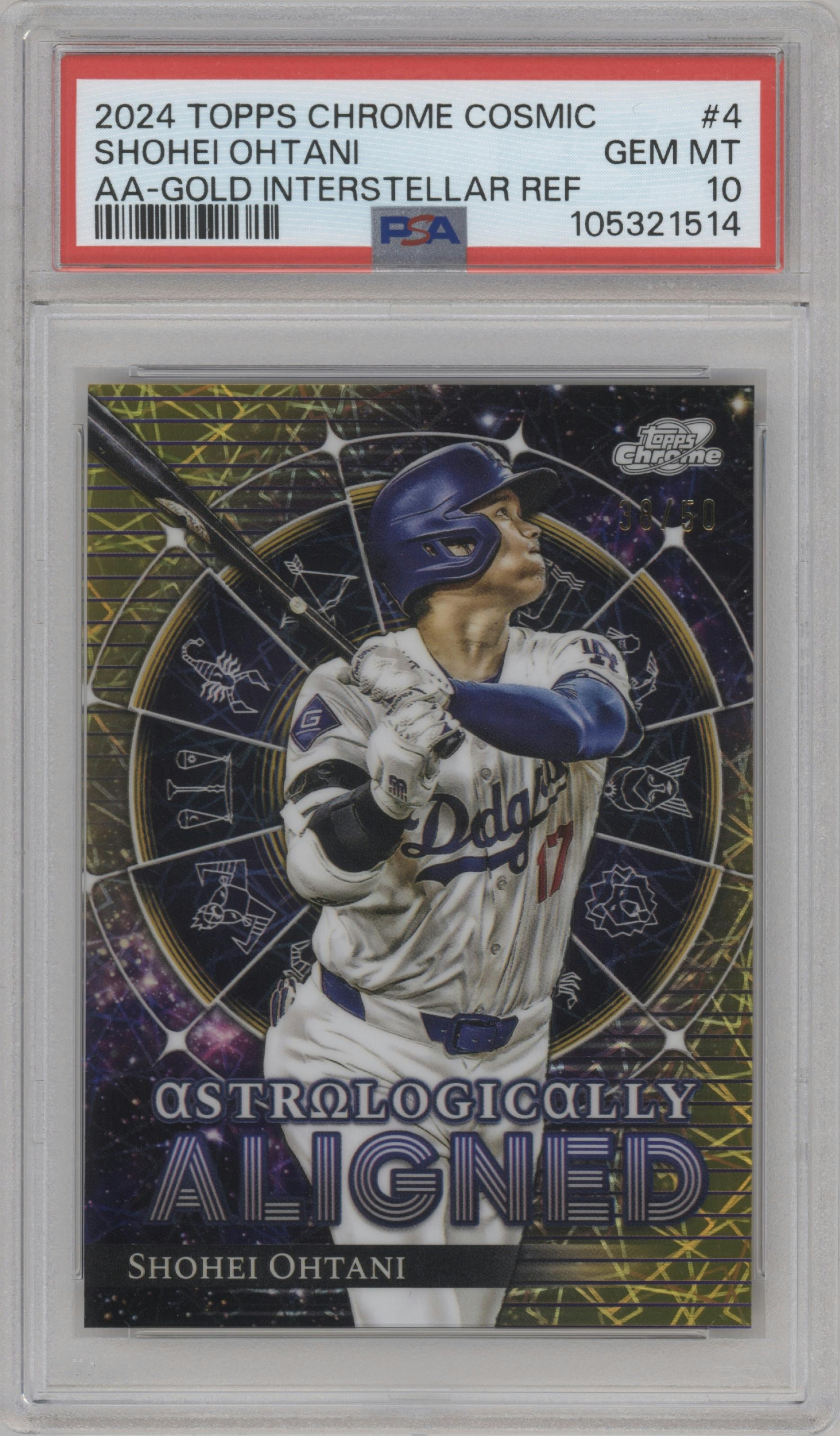 Shohei Ohtani from the 2024 Topps Cosmic Chrome set featuring a Gold Interstellar Ref. parallel graded by PSA and given an overall grade of 10.