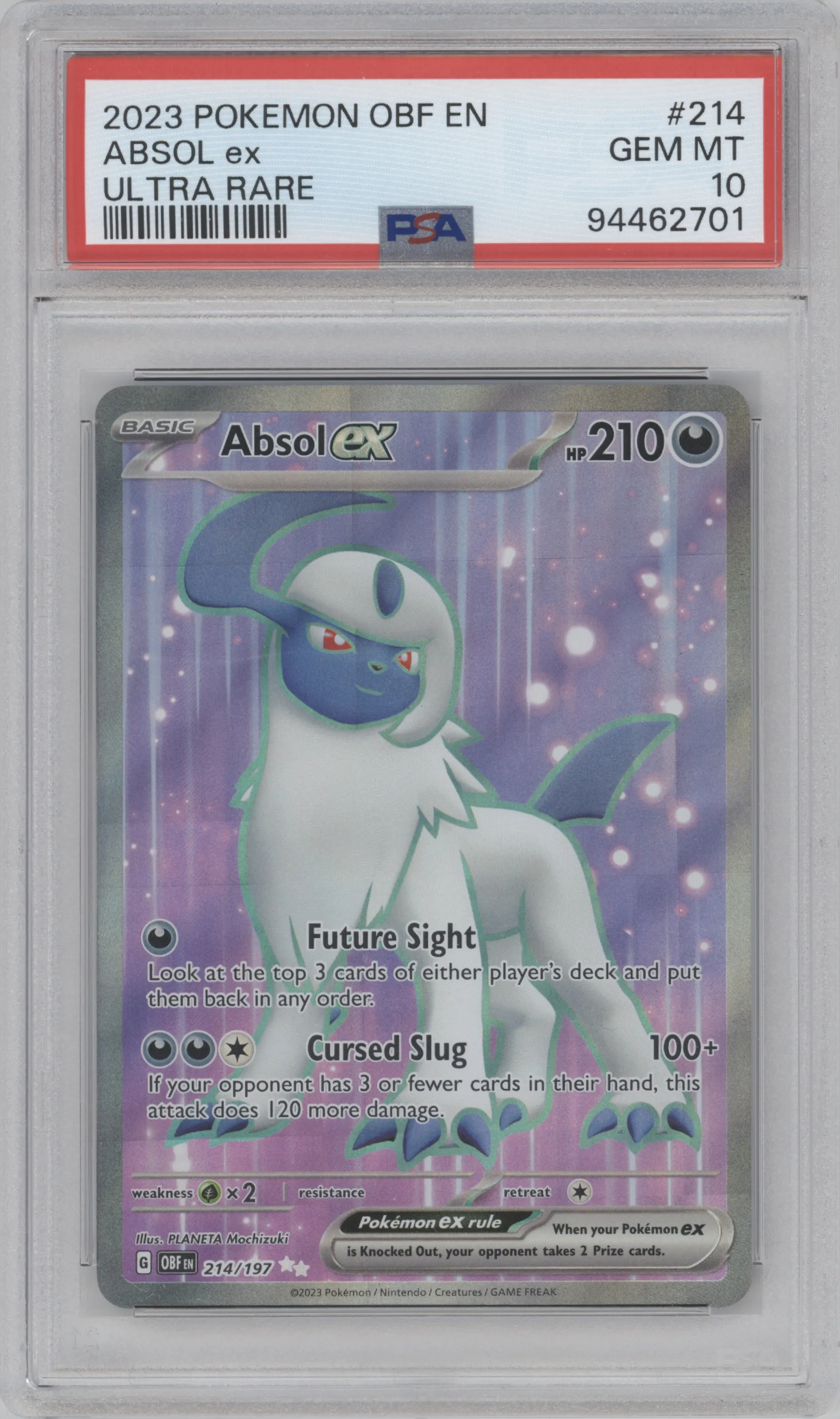 Absol ex from the 2023 Pokemon SV set graded by PSA and given an overall grade of 10.