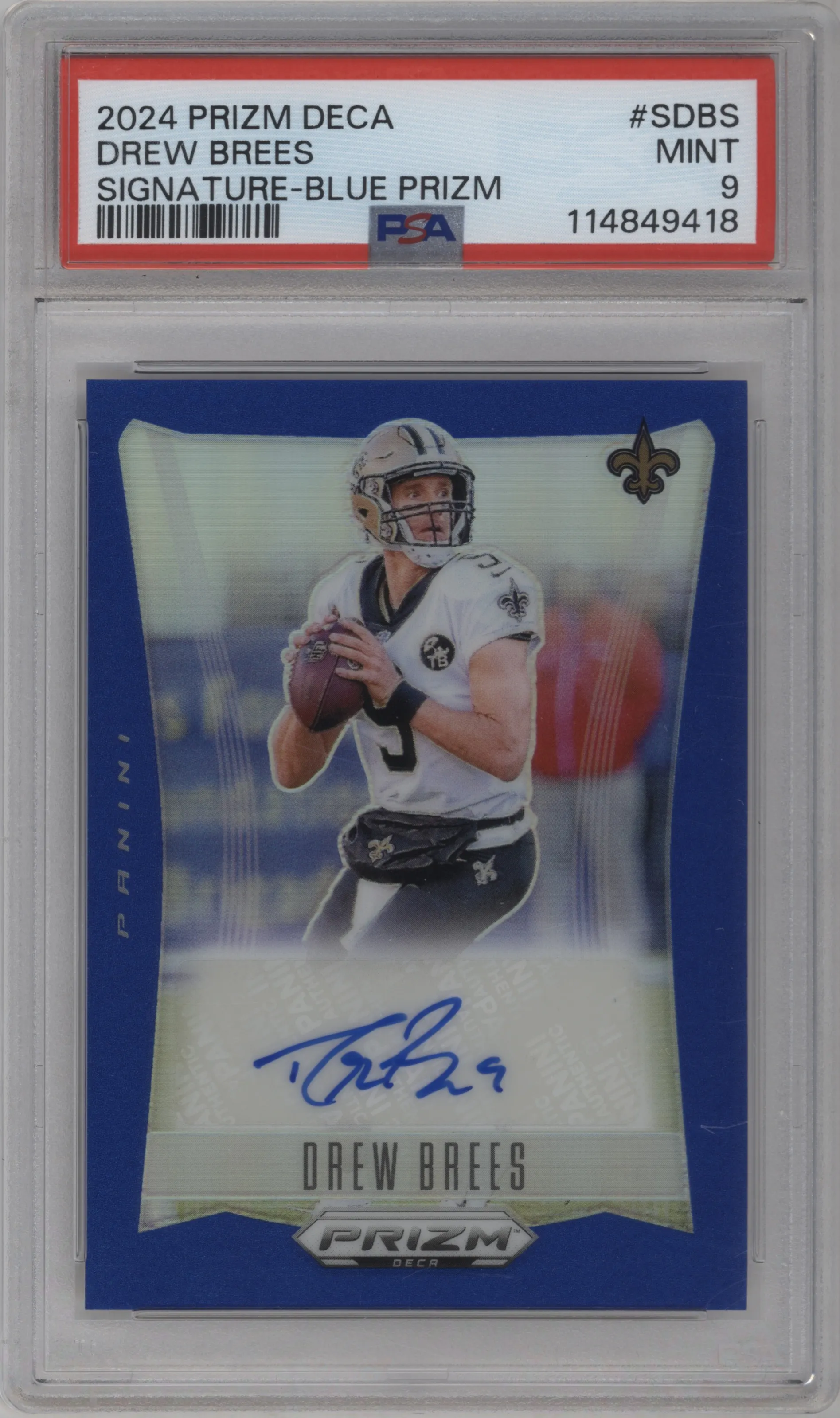 2024 Panini Prizm Deca Sig. Drew Brees Blue Prizm #S-DBS PSA 9