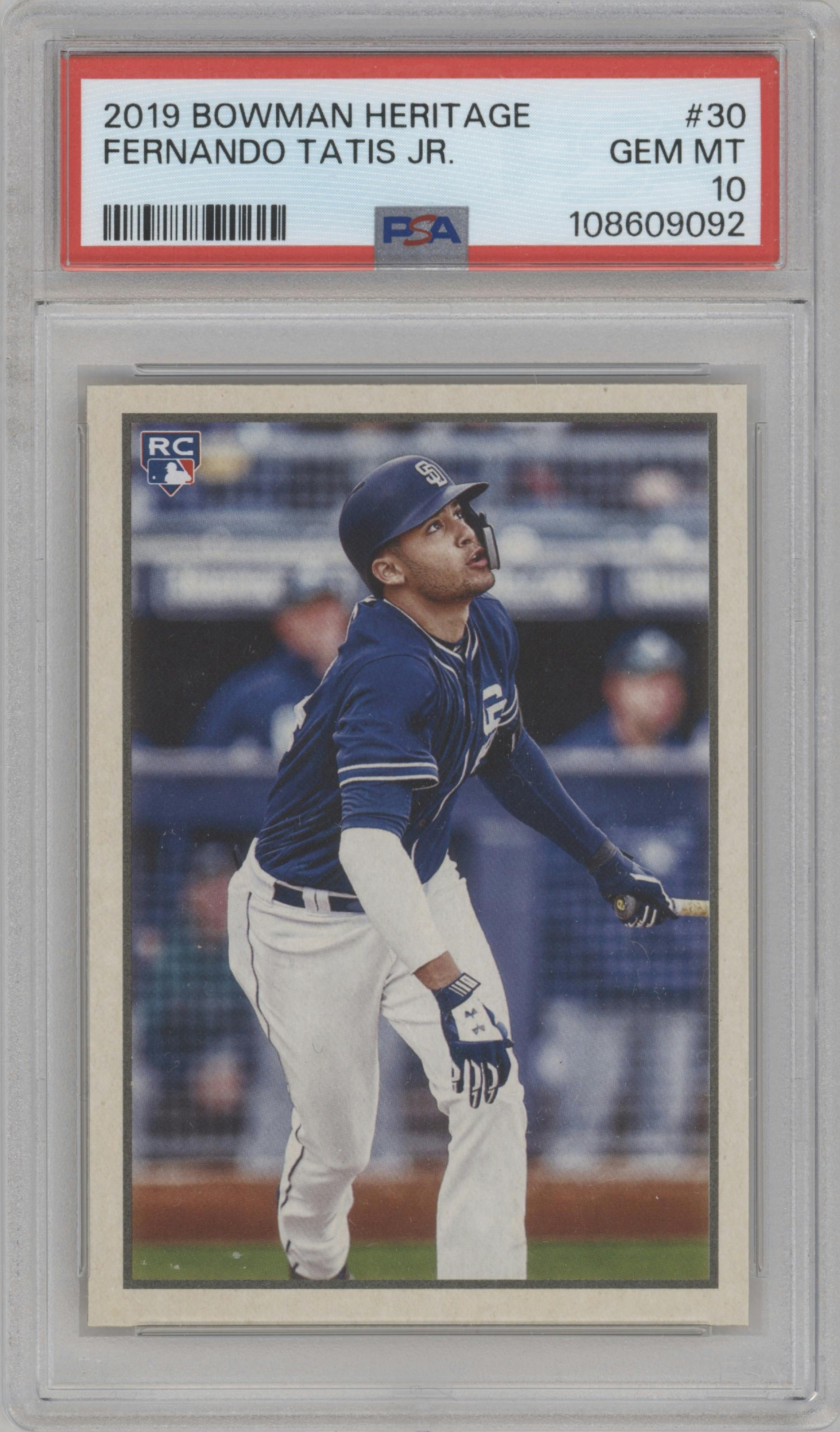Fernando Tatis Jr. from the 2019 Bowman Heritage set graded by PSA and given an overall grade of 10.