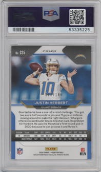 Justin Herbert from the 2020 Panini Prizm set featuring a Red Wave parallel graded by PSA and given an overall grade of 9.