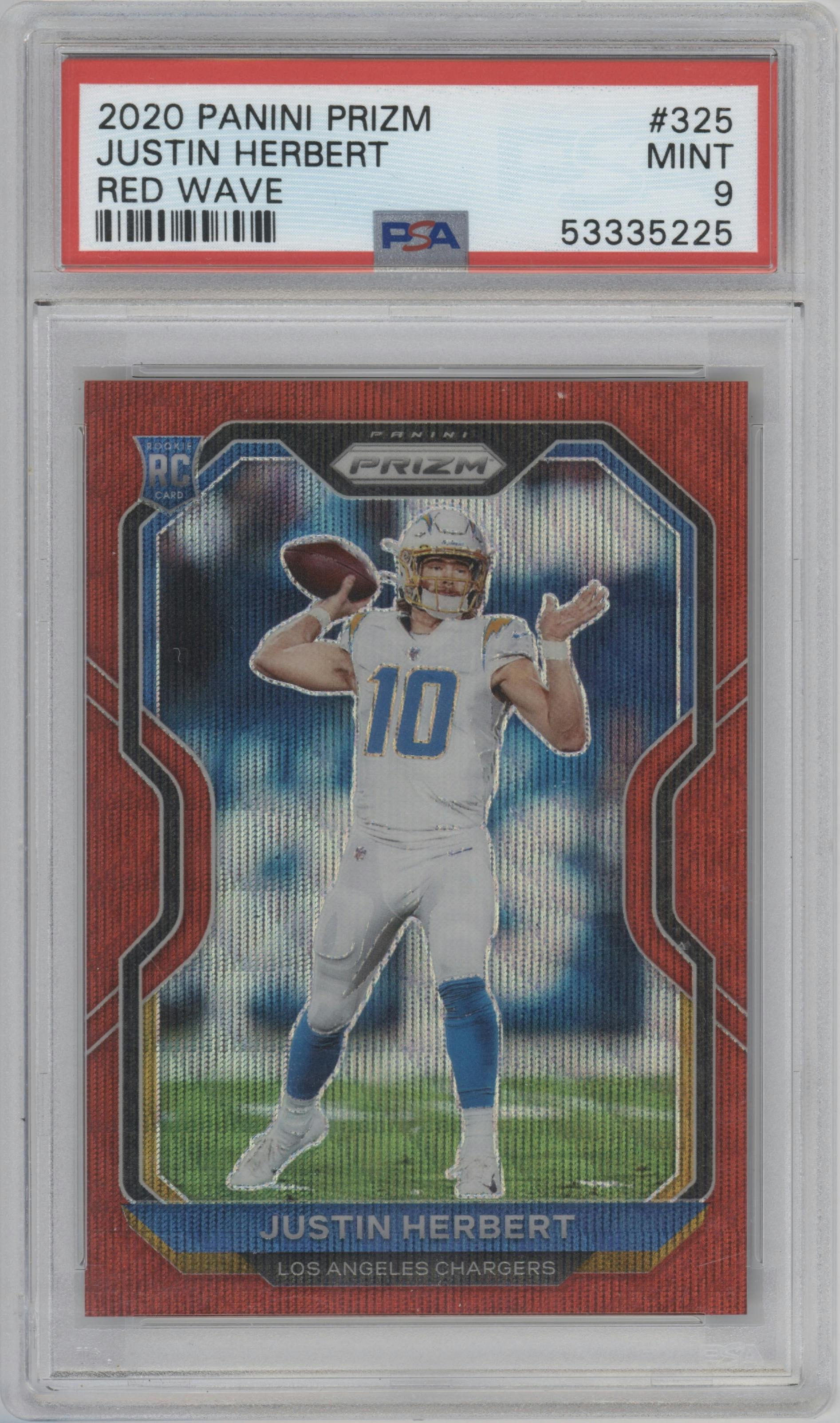 Justin Herbert from the 2020 Panini Prizm set featuring a Red Wave parallel graded by PSA and given an overall grade of 9.