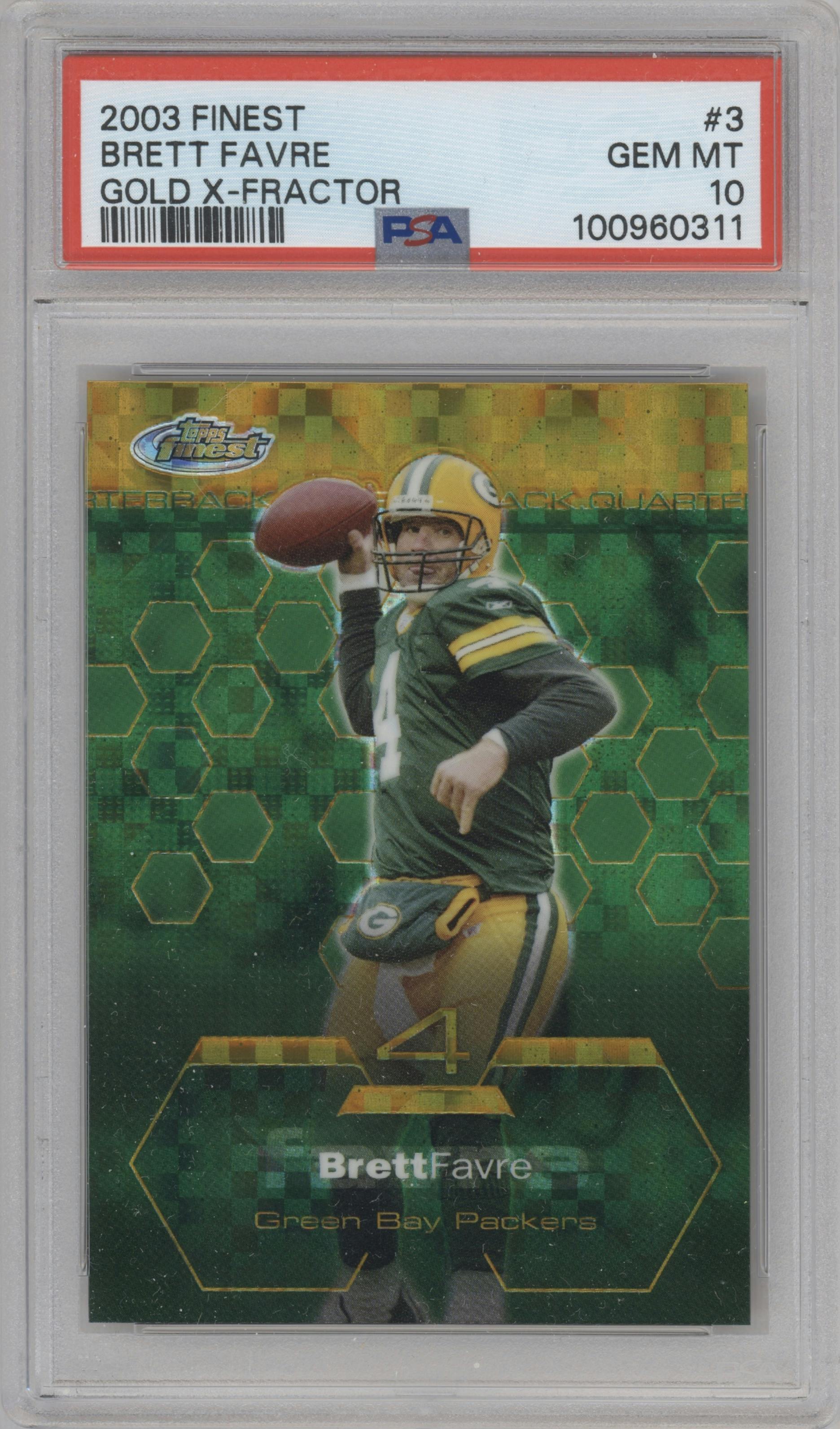 Brett Favre from the 2003 Topps Finest set featuring a Gold Xfractor parallel graded by PSA and given an overall grade of 10.
