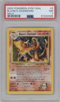 Blaine's Charizard from the 2000 Pokemon GH set graded by PSA and given an overall grade of 7.