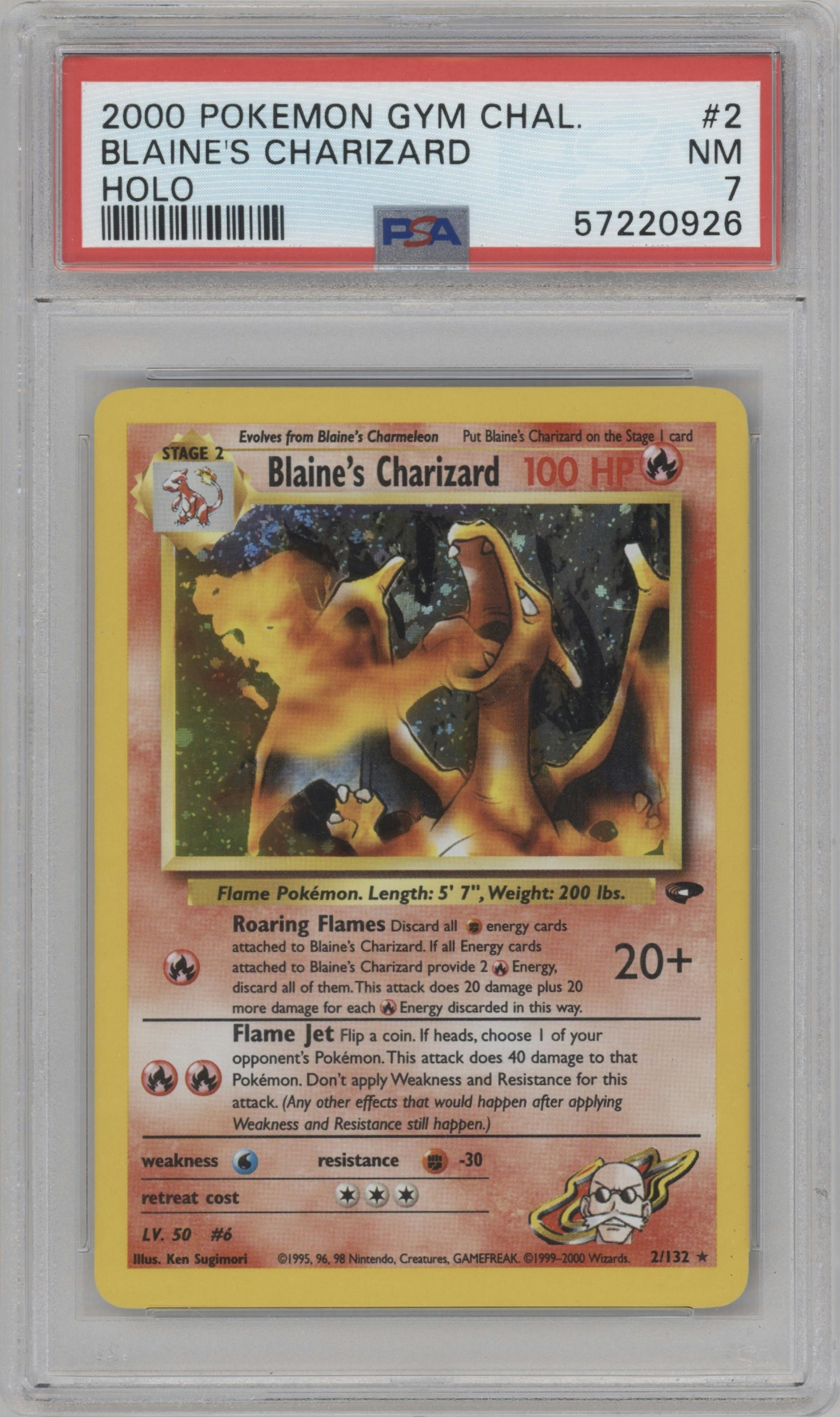 Blaine's Charizard from the 2000 Pokemon GH set graded by PSA and given an overall grade of 7.