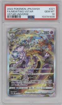 Mewtwo VSTAR from the 2022 Pokemon SWSH JPN set graded by PSA and given an overall grade of 10.