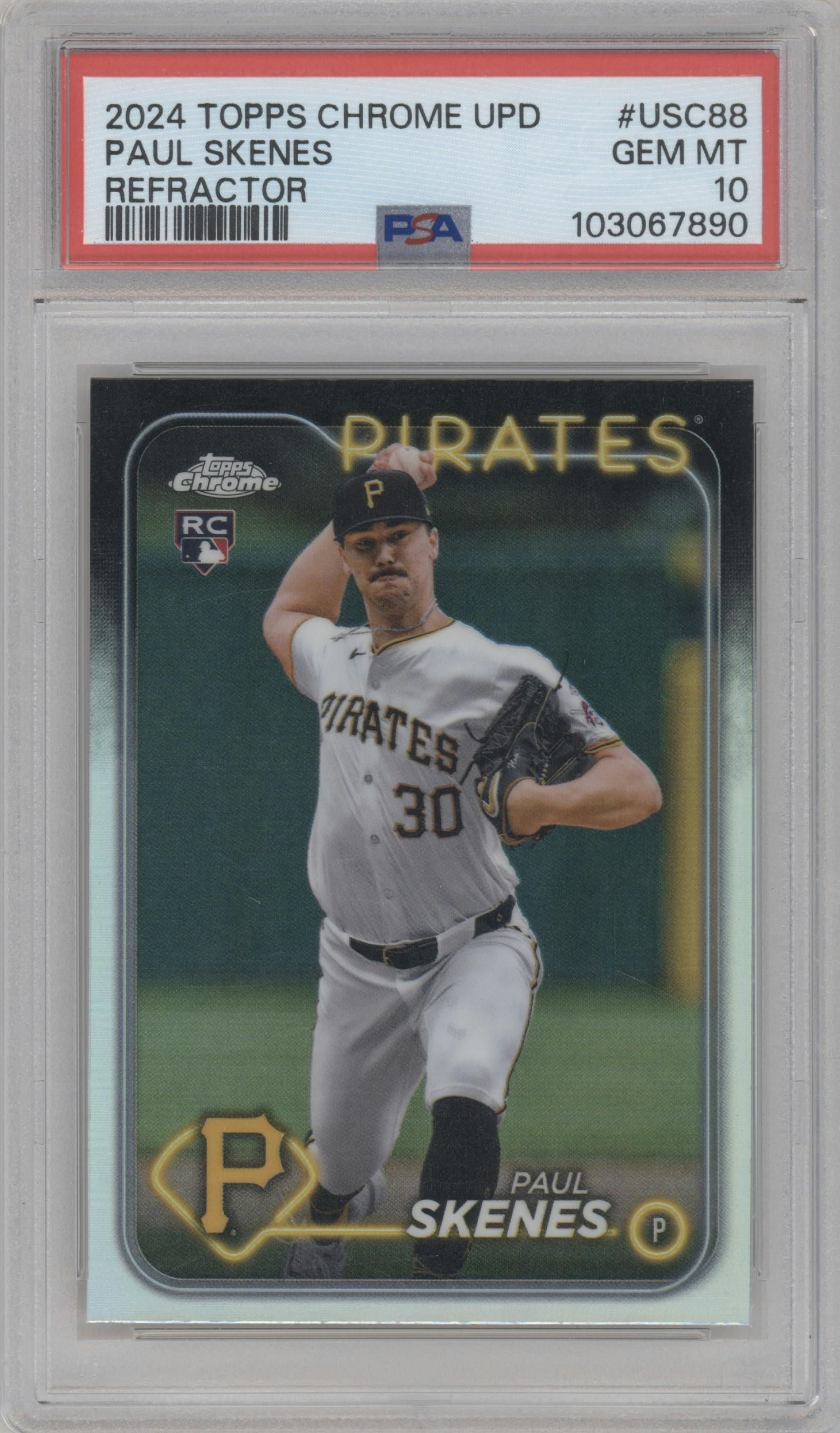 Paul Skenes from the 2024 Topps Chrome Update set featuring a Refractor parallel graded by PSA and given an overall grade of 10.