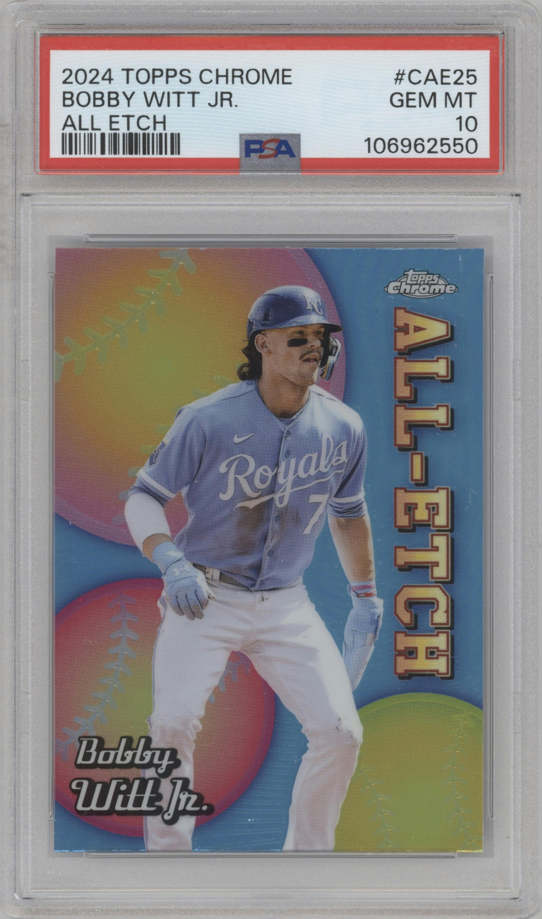 Bobby Witt Jr. from the 2024 Topps Chrome set graded by PSA and given an overall grade of 10.