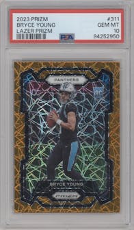 Bryce Young from the 2023 Panini Prizm set featuring a Lazer parallel graded by PSA and given an overall grade of 10.