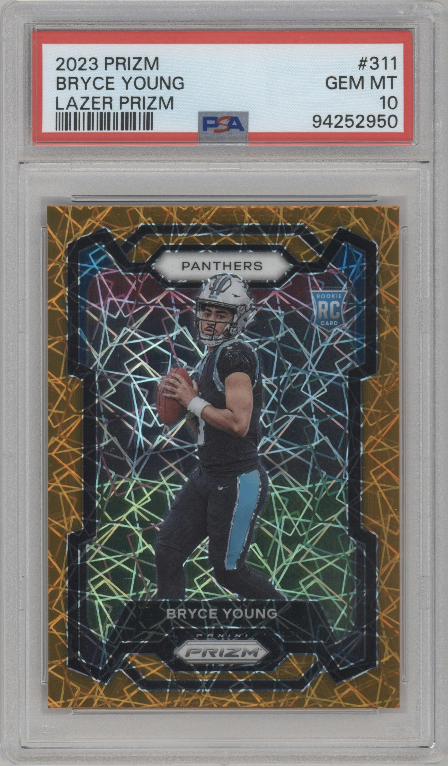 Bryce Young from the 2023 Panini Prizm set featuring a Lazer parallel graded by PSA and given an overall grade of 10.