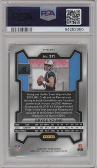 Bryce Young from the 2023 Panini Prizm set featuring a Lazer parallel graded by PSA and given an overall grade of 10.