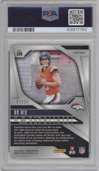 Bo Nix from the 2024 Panini Prizm set featuring a Red Shimmer parallel graded by PSA and given an overall grade of 9.