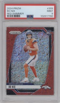 Bo Nix from the 2024 Panini Prizm set featuring a Red Shimmer parallel graded by PSA and given an overall grade of 9.