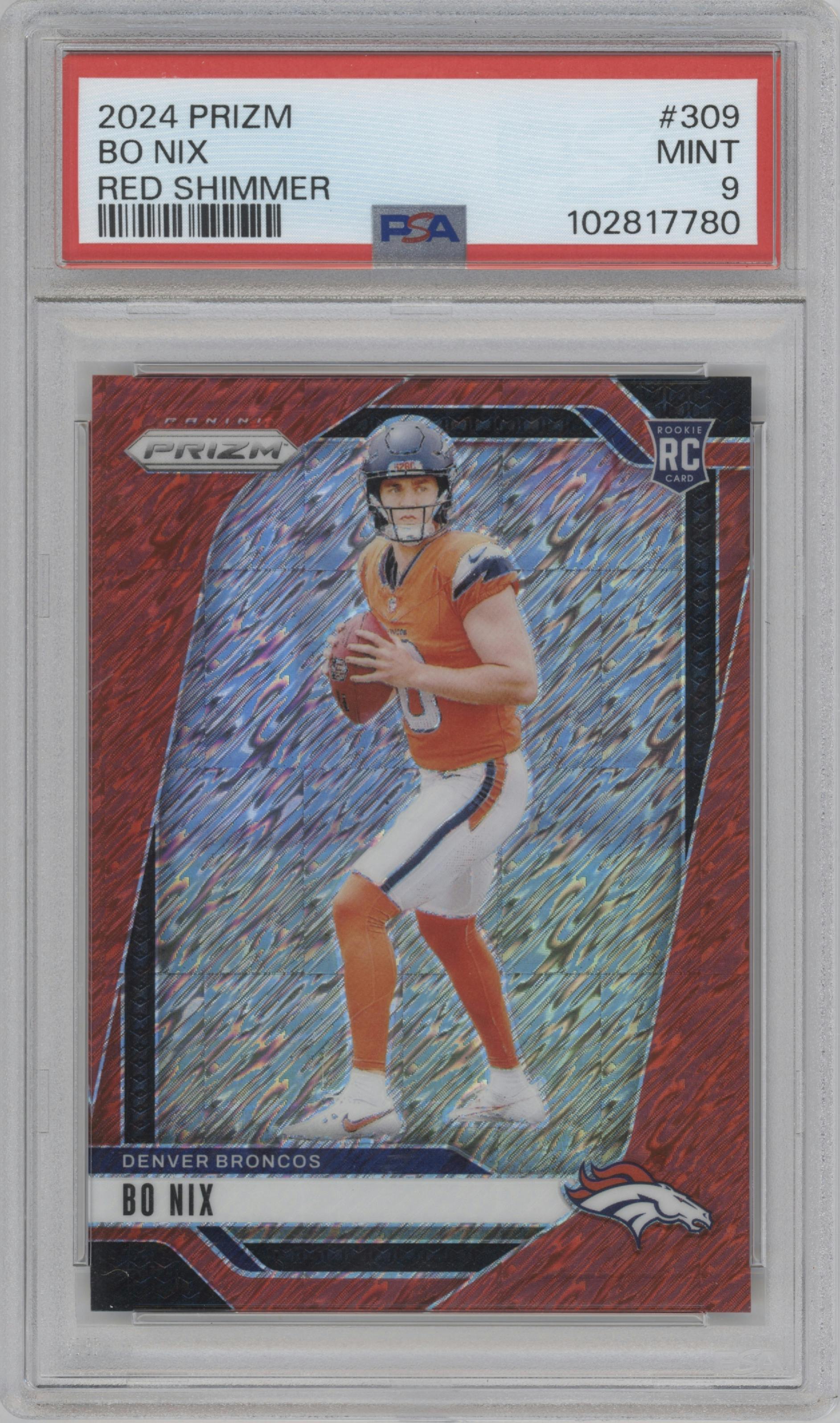 Bo Nix from the 2024 Panini Prizm set featuring a Red Shimmer parallel graded by PSA and given an overall grade of 9.