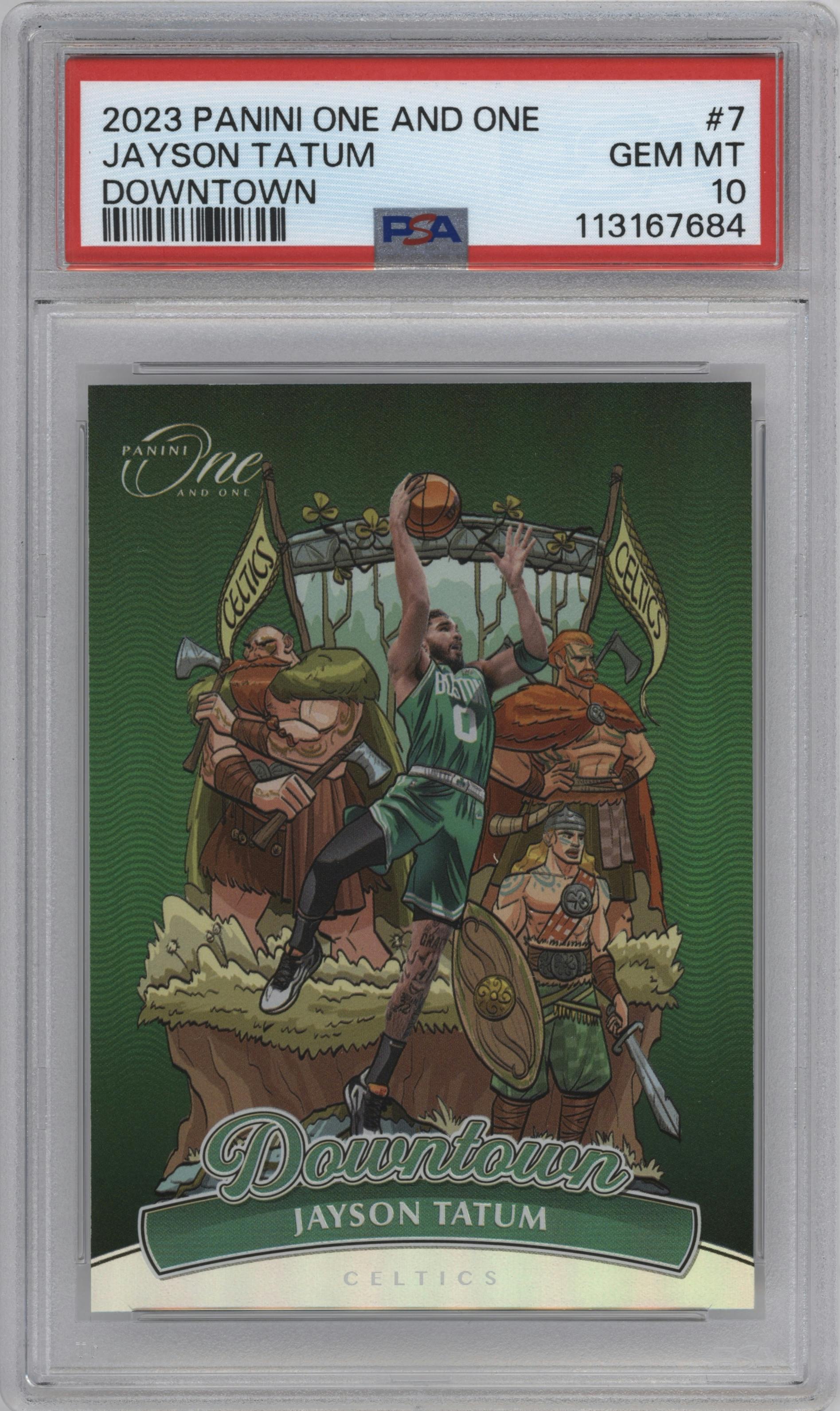 Jayson Tatum from the 2023-24 Panini One and One set graded by PSA and given an overall grade of 10.