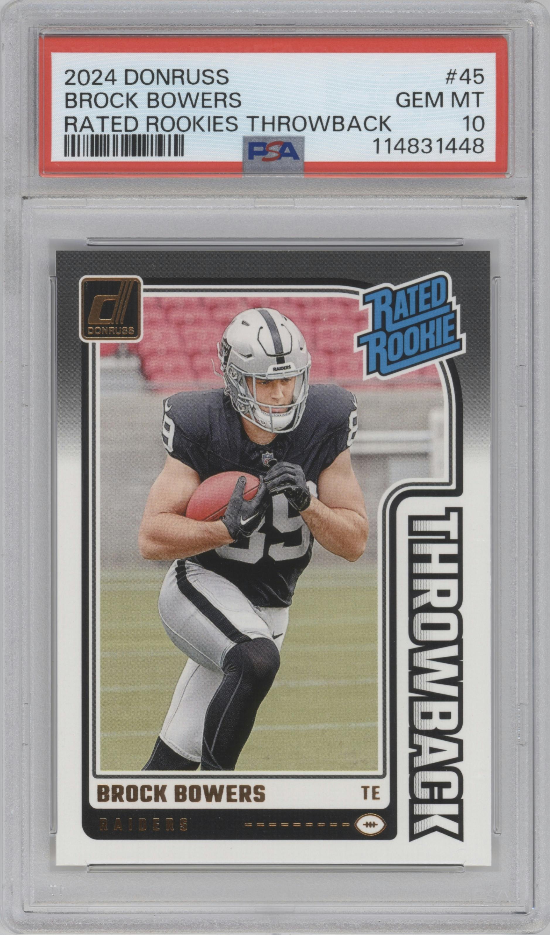 Brock Bowers from the 2024 Donruss set graded by PSA and given an overall grade of 10.