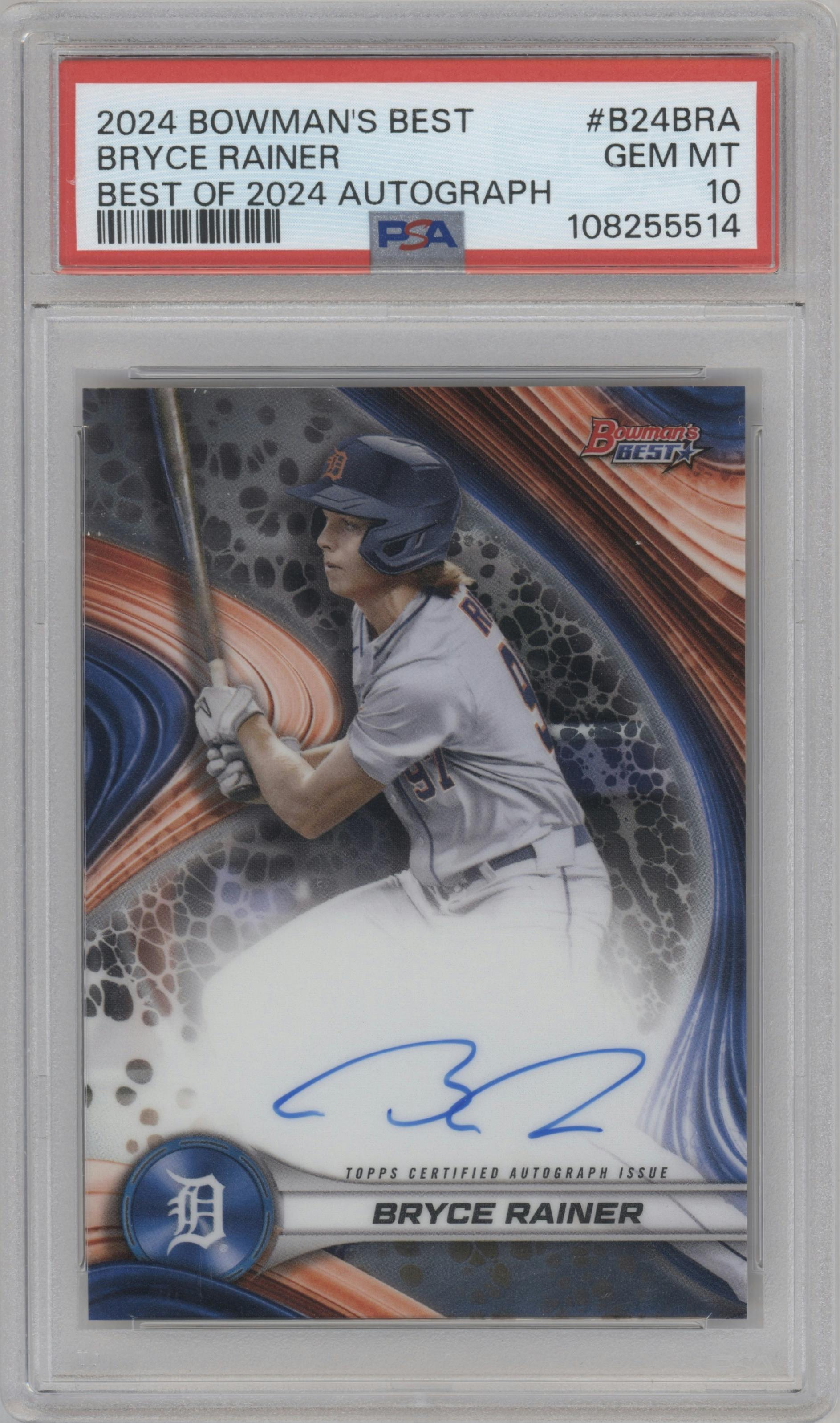 Bryce Rainer from the 2024 Bowman's Best set graded by PSA and given an overall grade of 10.