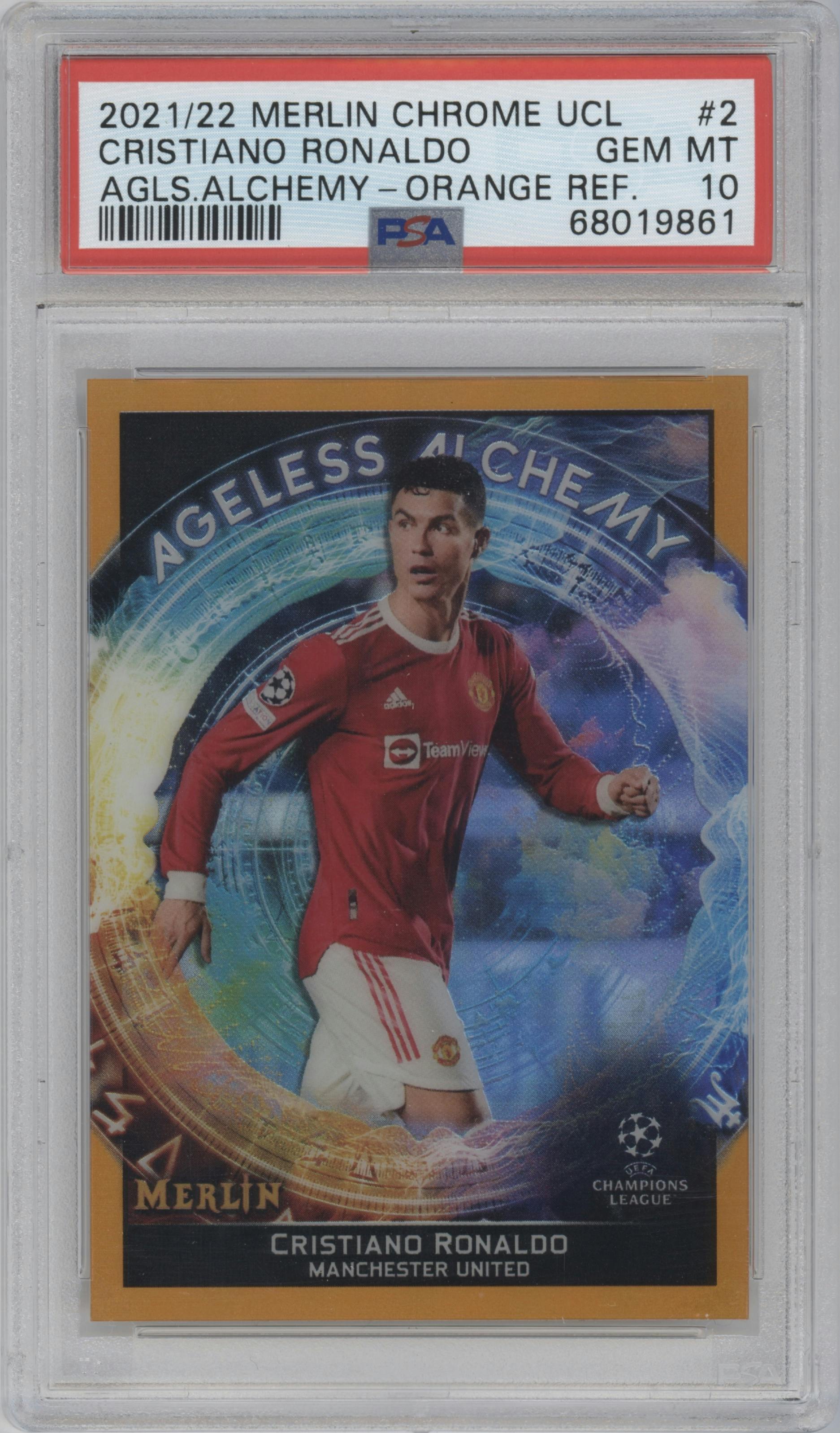 Cristiano Ronaldo from the 2021-22 Topps Merlin Chrome UEFA League set featuring a Orange parallel graded by PSA and given an overall grade of 10.