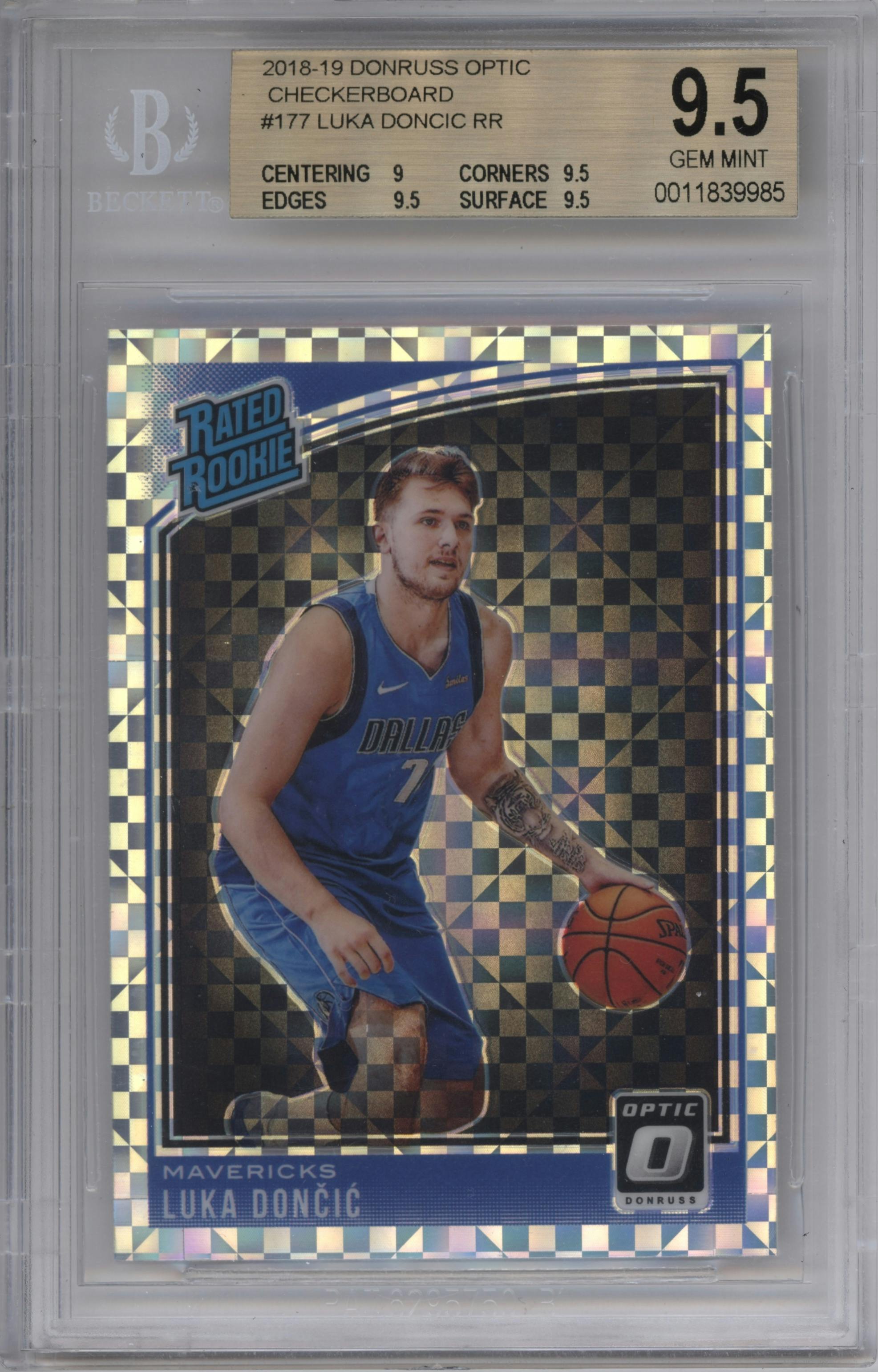 Luka Doncic from the 2018-19 Panini Donruss Optic set featuring a Checkerboard parallel graded by Beckett and given an overall grade of 9.5.