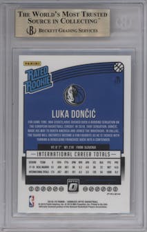 Luka Doncic from the 2018-19 Panini Donruss Optic set featuring a Checkerboard parallel graded by Beckett and given an overall grade of 9.5.
