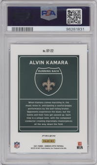 Alvin Kamara from the 2021 Panini Donruss Optic set graded by PSA and given an overall grade of 10.