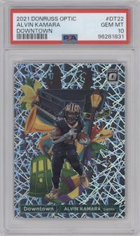 Alvin Kamara from the 2021 Panini Donruss Optic set graded by PSA and given an overall grade of 10.