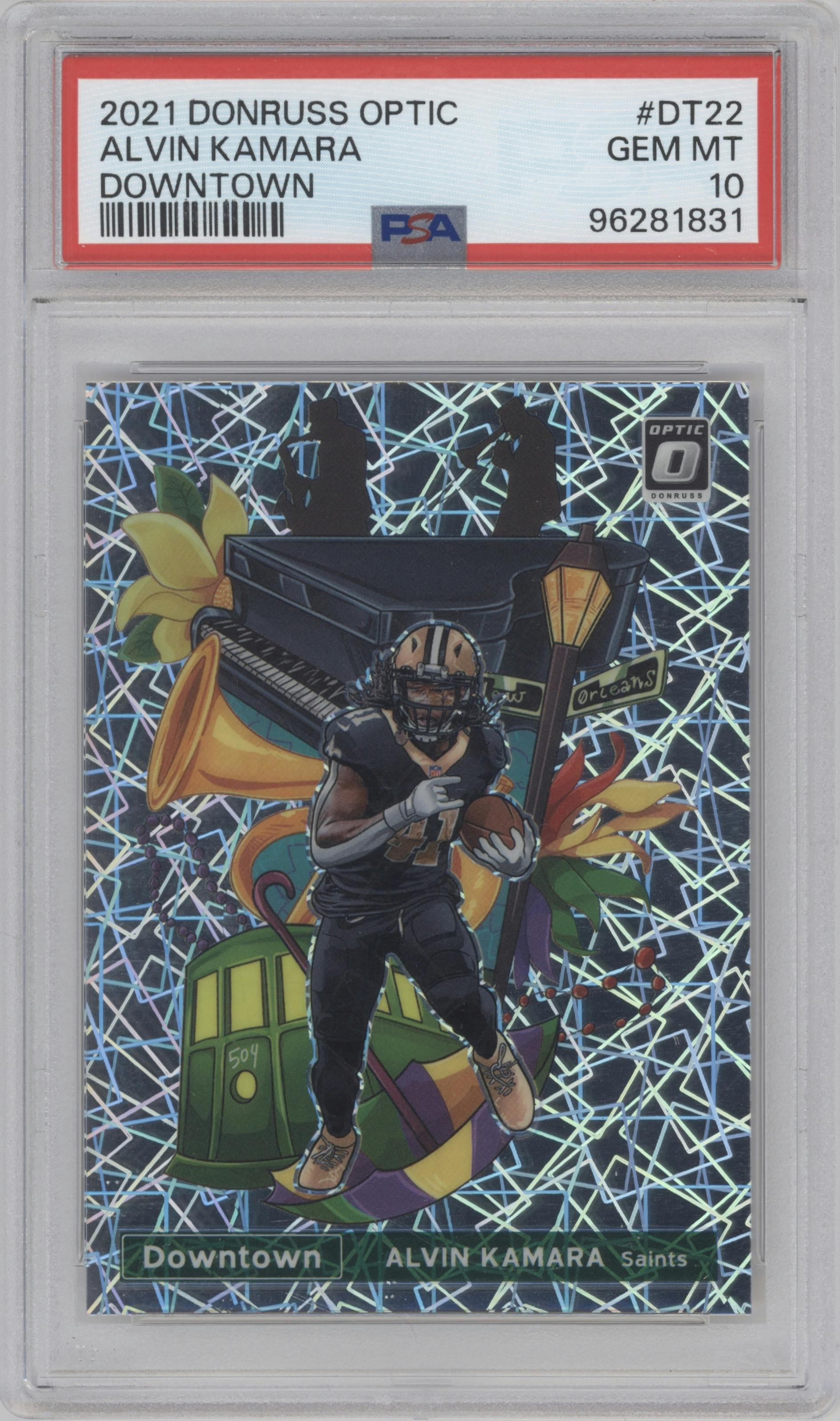 Alvin Kamara from the 2021 Panini Donruss Optic set graded by PSA and given an overall grade of 10.