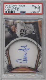 Aaron Judge from the 2018 Topps Tribute set graded by PSA and given an overall grade of 9.